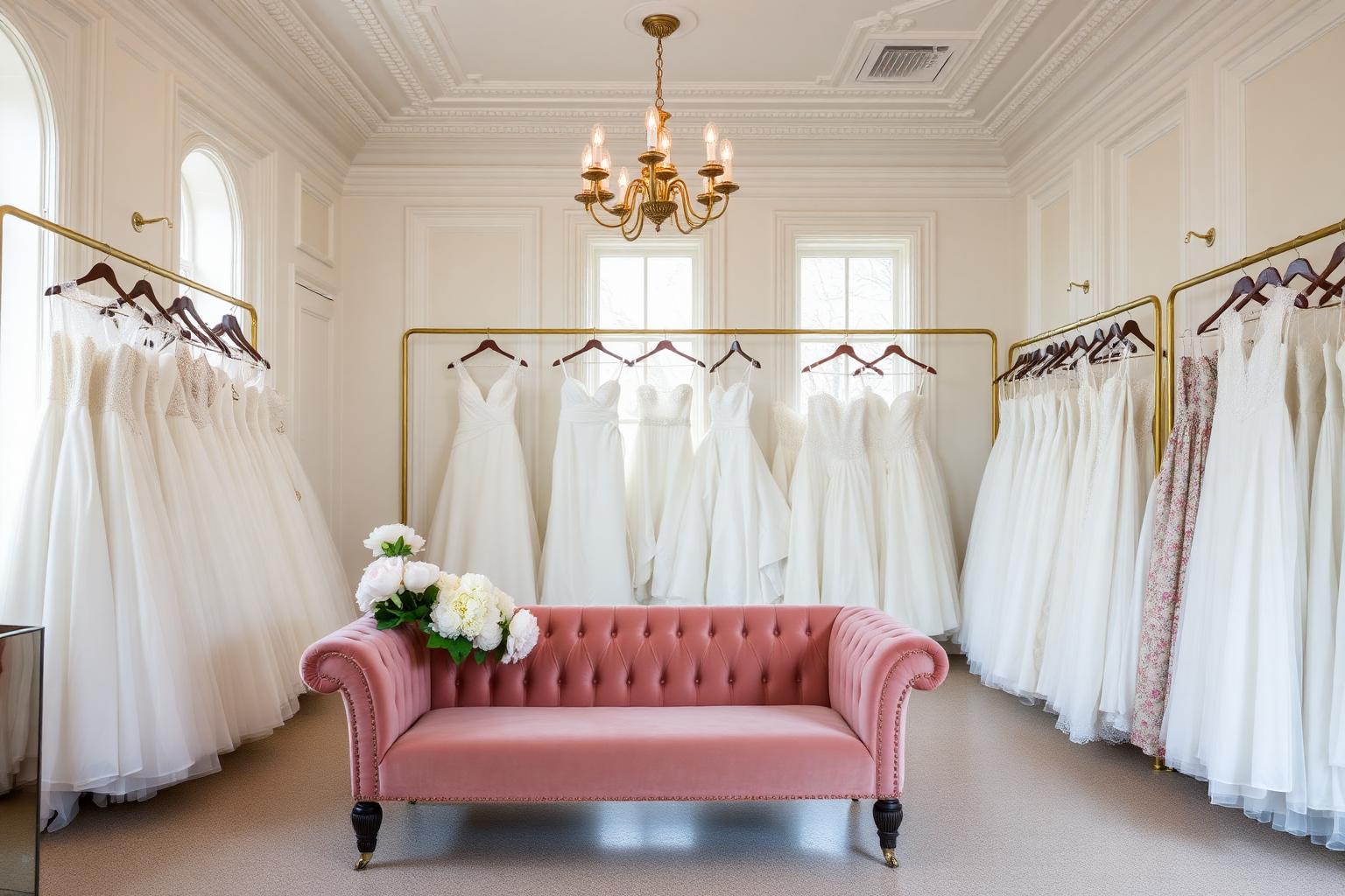 Interior of Ridge and Veil bridal salon with blush velvet settee and racks of ivory gowns